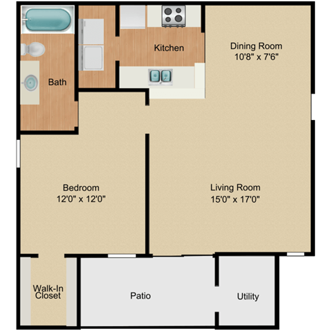 Floor plan for 1 bed, 1 bath, 750 sqft